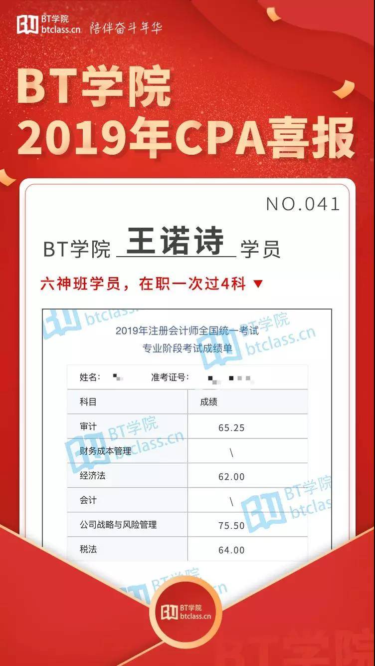 BT学院CPA考生成绩喜报