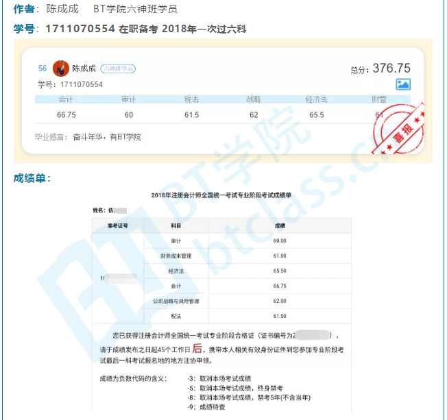 BT学院在职一次过6科cpa考霸