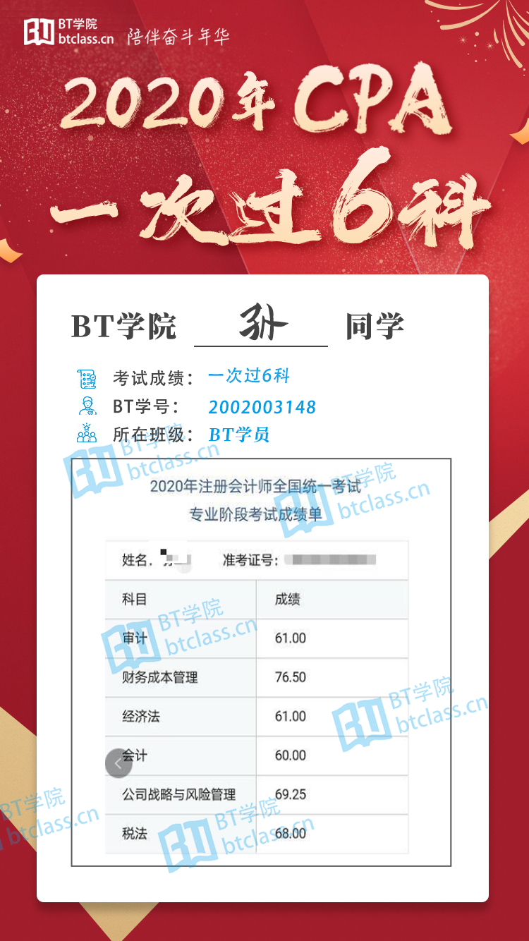 BT学院学员CPA一次过六科